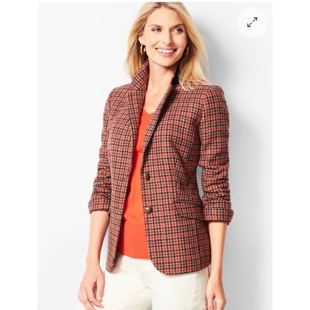 Talbots Wool Blend Aberdeen Blazer Red Black Houndstooth Heritage Preppy Size M
